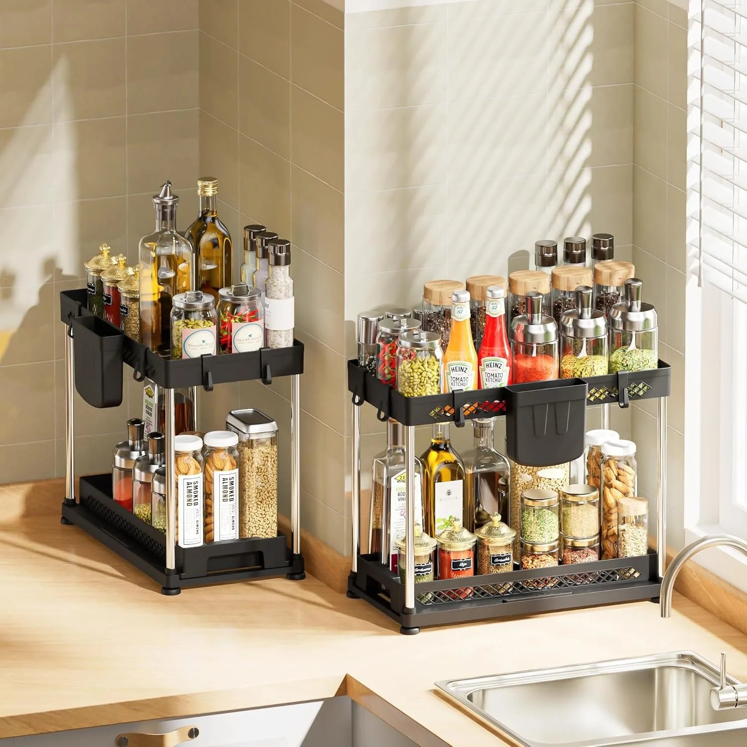 Under Sink Storage Organizer 2 Tier Pull Out Cabinet Organizer Sliding Shelf Under Sink Storage Rack Bathroom Kitchen Organizer